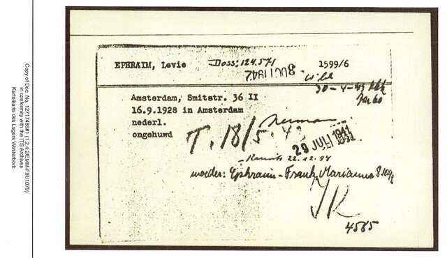 Inventaris kaart Kamp Westerbork van Levie Ephraim geb 16-09-1928 op transport 18 mei 1943