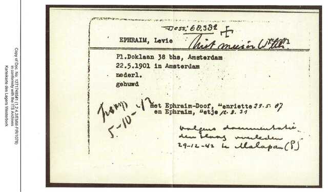 Inventaris kaart Kamp Westerbork van Levie Ephraim geb 22-05-1901 op transport 05-10-1942