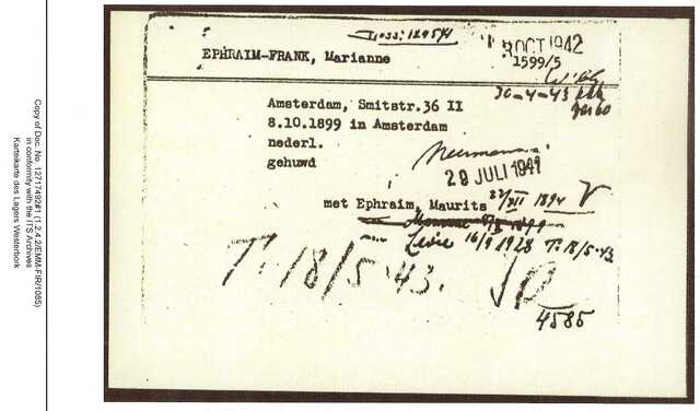 Inventaris kaart Kamp Westerbork van Marianne Ephraim-Frank geb 08-10-1899 op transport 18-05-1943