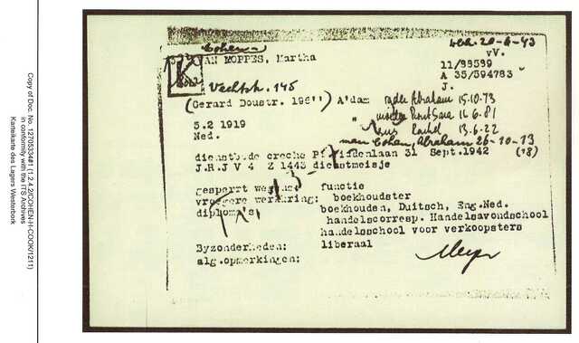 Inventaris kaart Kamp Westerbork van Martha Cohen-van Moppes geboren 05-02-1919 op transport naar Sobibor op 13-07-1943