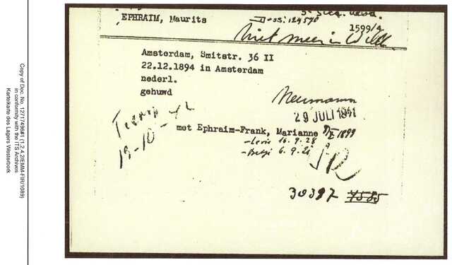 Inventaris kaart Kamp Westerbork van Maurits Ephraim geb 22-12-1894 op transport 19-10-1942