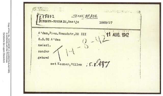 Inventaris kaart Kamp Westerbork van Raatje Kesner-Ephraim geboren 05-05-1898 op transport naar Auschwitz op 14-08-1942