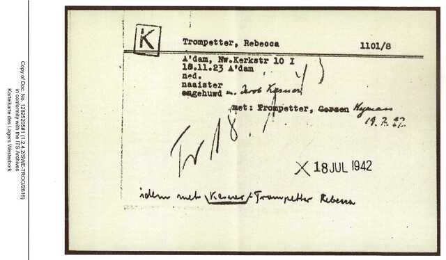 Inventaris kaart Kamp Westerbork van Rebecca Kesner-Trompetter geboren 18-11-1923 op transport naar Auschwitz op 18-01-1943