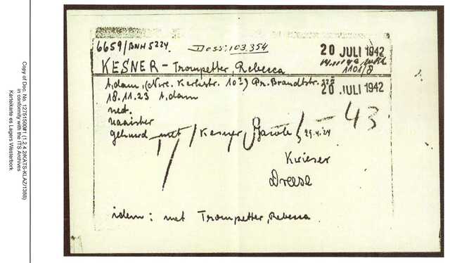 Inventaris kaart Kamp Westerbork van Rebecca Kesner-Trompetter geboren 18-11-1923 op transport naar Auschwitz op 18-01-1943 (2)