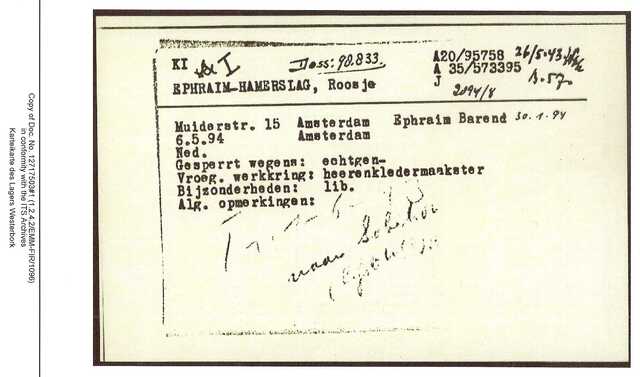 Inventaris kaart Kamp Westerbork van Roosje Ephraim-Hamerslag geboren 06-05-1894 op transport naar Sobibor 01-06-1943