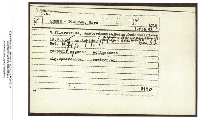Inventaris kaart Kamp Westerbork van Sara Reens-Paartje geboren 15-07-1893 op transport naar Auschwitz op 14-09-1943
