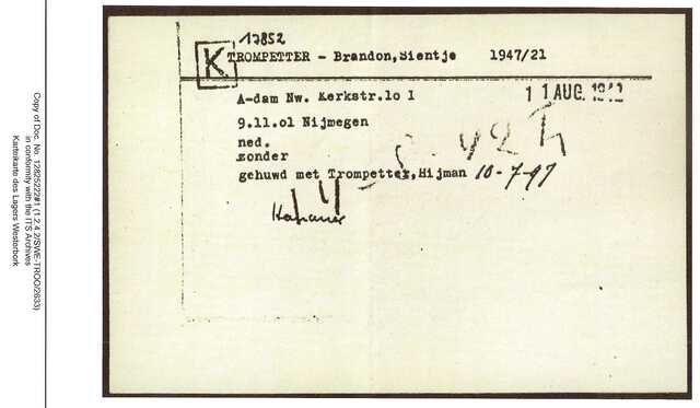 Inventaris kaart Kamp Westerbork van Sientje Trompetter-Brandon geboren 09-11-1901 op transport naar Auschwitz op 14-08-1942