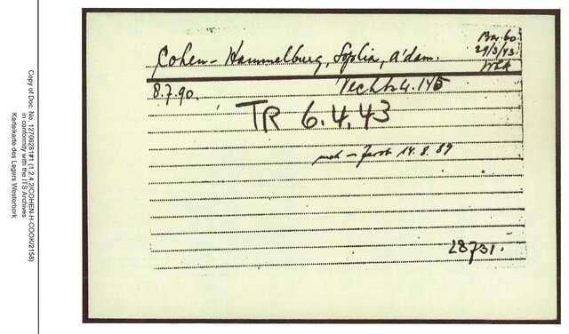 Inventaris kaart Kamp Westerbork van Sophia Hammelburg geboren 08-07-1890 op transport naar Sobibor op 06-04-1943