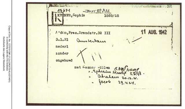 Inventaris kaart Kamp Westerbork van Sophia Kesner geboren 03-01-1931 op transport naar Auschwitz op 14-08-1942