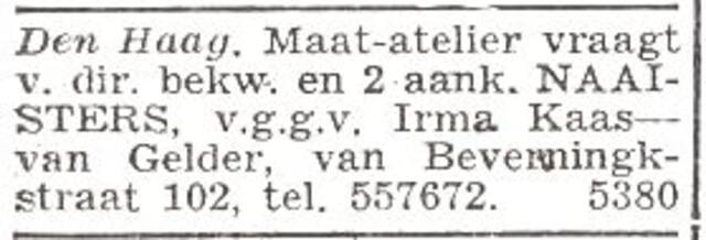 Advertentie van kleermaakster Irma Frederieke Kaas-van Gelder