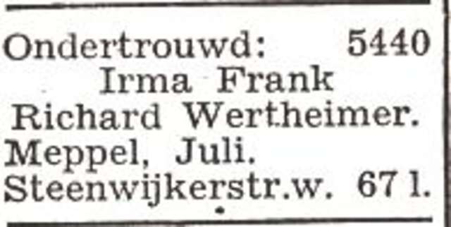 Bekendmaking van ondertrouw van Richard Wertheimer en Irma Frank