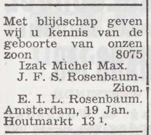 Mededeling van de geboorte van Izak Michel Max Rosenbaum