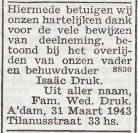 Dankbetuiging van de familie Druk