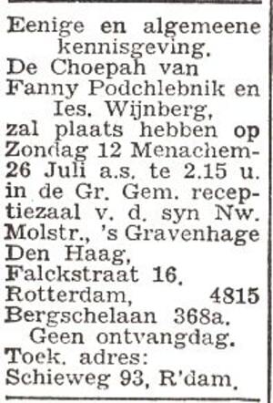 Aankondiging van de huwelijksinzegening van Israël Wijnberg en Fanny Podchlebnik