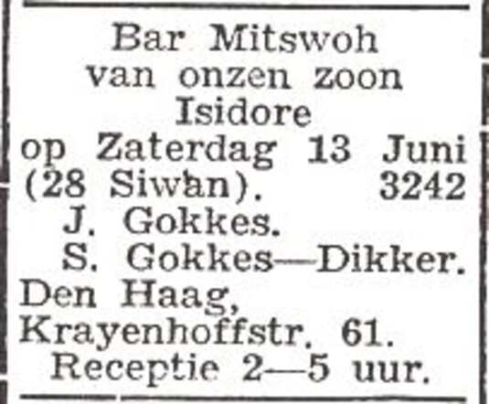 Aankondiging van de bar mitswa van Isidore Gokkes