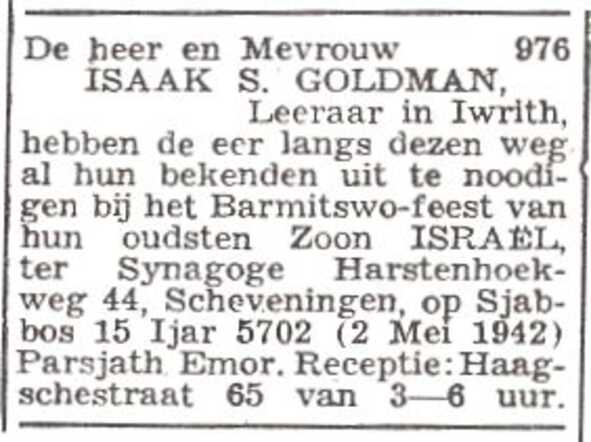Aankondiging van de bar mitswa van Israël Goldman