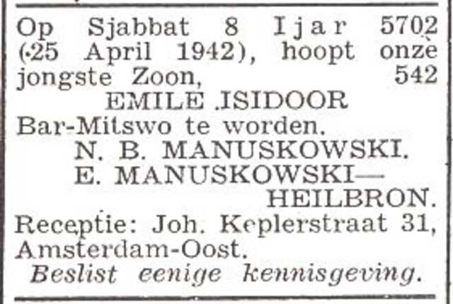 Aankondiging van de bar mitswa van Emile Isidoor Manuskowski