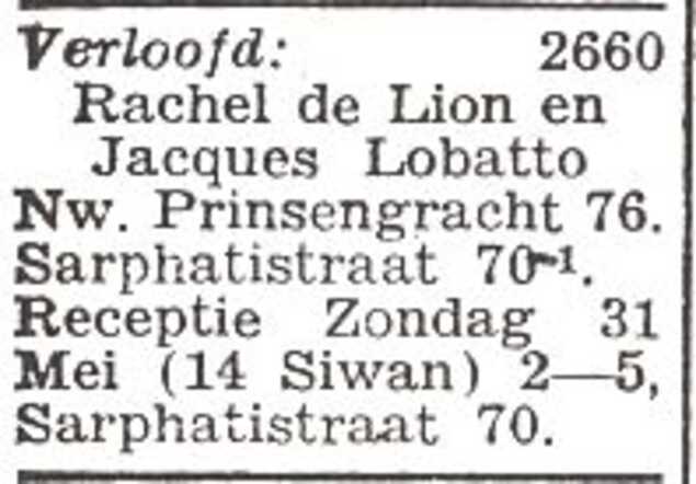 Vermelding van de verloving van Rachel de Leon en Isaac Lobatto