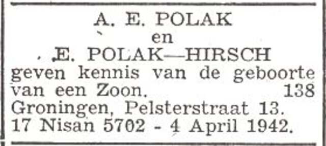 Vermelding van de geboorte van Israel Chajim Polak