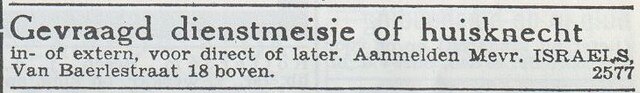 Advertentie van mw. wed. Henderina Israëls-Aptroot