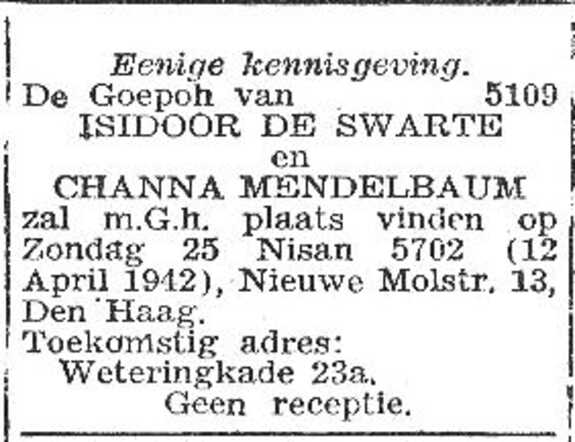 Aankondiging huwelijk van Isidoor de Swarte en Channa Mendelbaum