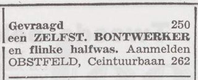 Advertentie van bontwerker Izak Obstfeld
