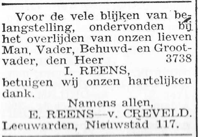 Dankbetuiging van de familie Reens-van Creveld