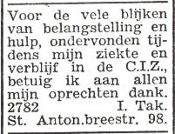 Dankbetuiging van Izak Tak