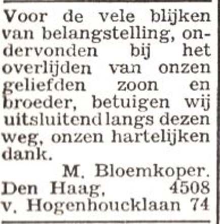 Dankbetuiging van de familie Bloemkoper