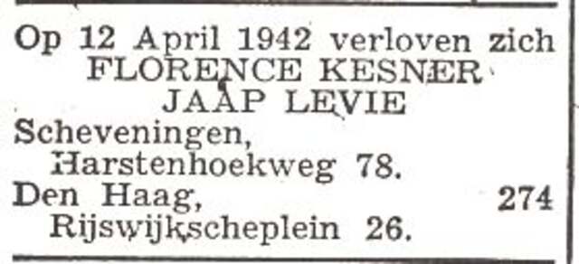 Aankondiging van de verloving van Jacob (Jaap) Levie en Florence Kesner