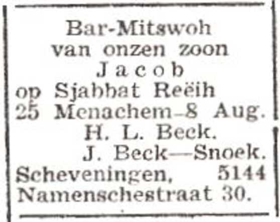 Aankondiging van de bar mitswa van Jacob Beck