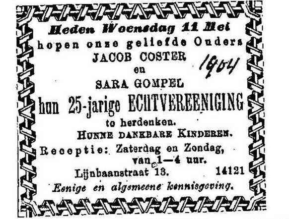 Jacob en Sara Coster-Gompel 25 jaar getrouwd