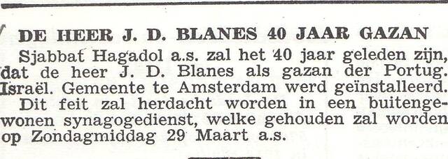 Aankondiging viering 40-jarig jubileum van Jacob Blanes als chazan van de Portugese Gemeente