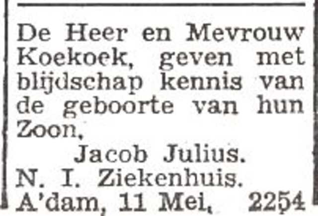 Vermelding van de geboorte van Jacob Julius Koekoek
