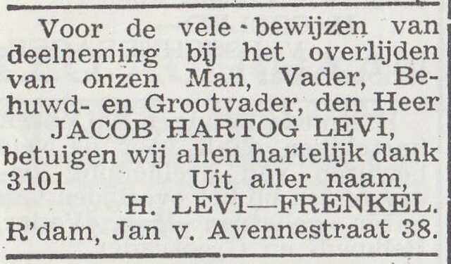 Dankbetuiging van de familie Levi
