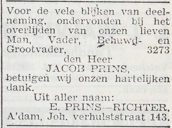Dankbetuiging van de familie Prins