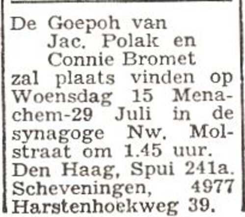 Aankondiging van de huwelijksinzegening van Jacob Polak en Connie Bromet
