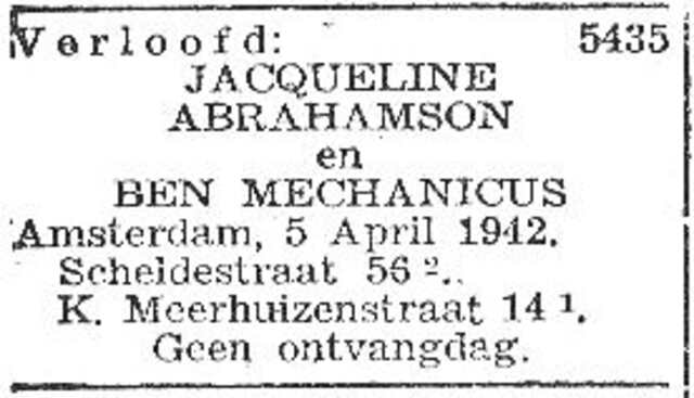 Bekendmaking van de verloving van Jacqueline Abrahamson en Abraham (Ben) Mechanicus