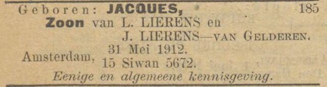 De geboorte  van Jacques Lierens. 07-06-1912, NIW.