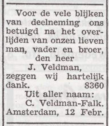 Dankbetuiging van de familie Veldman