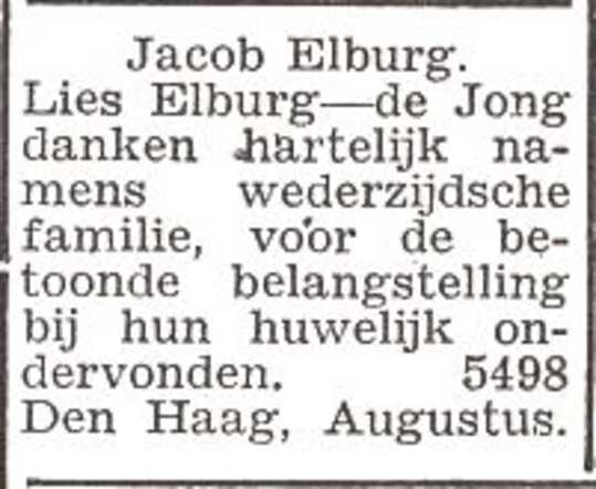Dankbetuiging van het echtpaar Jacob en Elise Elburg-de Jong