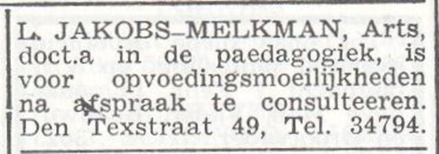 Advertentie van mw. Lena Jakobs-Melkman