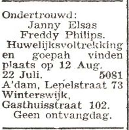 Bekendmaking van ondertrouw van Marianna Elsas en Freddy Philip