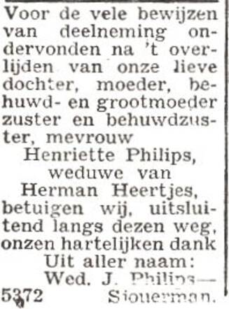 Dankbetuiging van de familie Philips
