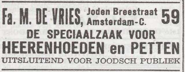 Advertentie van de fa. M. de Vries "Au chapeau moderne"
