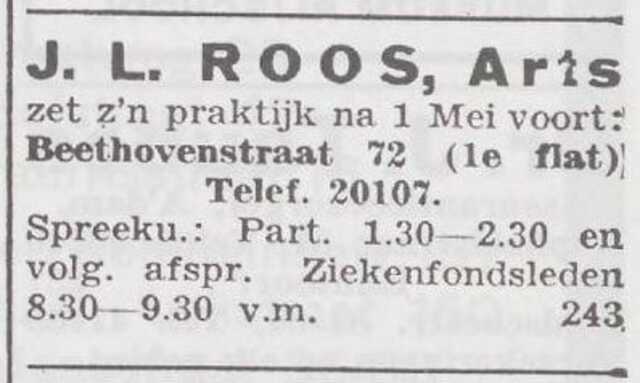 Advertentie van de arts Jacob Levy Roos