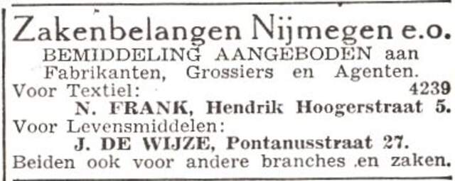 Advertentie van Jacob de Wijze en N. Frank