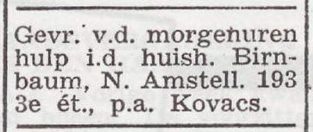 Advertentie van Jeanne Charlotte Birnbaum-Lang