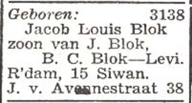 Vermelding van de geboorte van Jacob Louis Blok