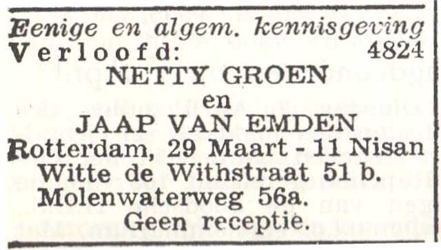 Vermelding van de verloving van Jeannette Groen en Jaap van Emden